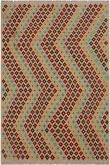 Flat Weave Kilim Antique Navaho Vintage handmade Modern Kilim Tan Red Hand-Woven Rectangle 100% Wool Area Rug 5x7 