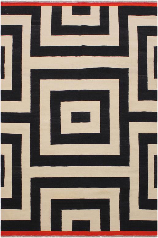 Flat Weave Kilim Antique Navaho Vintage handmade Modern Kilim Ivory Black Hand-Woven Rectangle 100% Wool Area Rug 5x8 