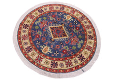 handmade Geometric Kazak Blue Ivory Hand Knotted ROUND 100% WOOL area rug 5x5