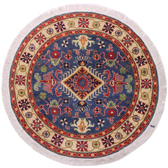 handmade Geometric Kazak Blue Ivory Hand Knotted ROUND 100% WOOL area rug 5x5