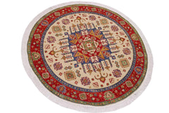 handmade Geometric Kazak Ivory Red Hand Knotted ROUND 100% WOOL area rug 6x6