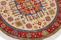 handmade Geometric Kazak Ivory Red Hand Knotted ROUND 100% WOOL area rug 6x6