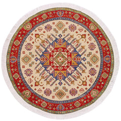 handmade Geometric Kazak Ivory Red Hand Knotted ROUND 100% WOOL area rug 6x6