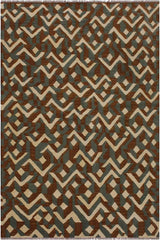 Flat Weave Kilim Antique Navaho Vintage handmade Modern Kilim Brown Ivory Hand-Woven Rectangle 100% Wool Area Rug 5x7 