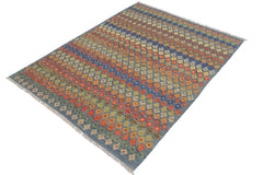 Flat Weave Kilim Antique Navaho Vintage handmade Modern Kilim Blue Rust Hand-Woven Rectangle 100% Wool Area Rug 5x7 