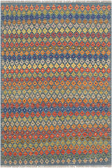 Flat Weave Kilim Antique Navaho Vintage handmade Modern Kilim Blue Rust Hand-Woven Rectangle 100% Wool Area Rug 5x7 