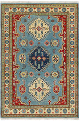 handmade Geometric Kazak Blue Beige Hand Knotted RECTANGLE 100% WOOL area rug 3x5