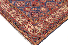 handmade Geometric Super Kazak Blue Beige Hand Knotted RECTANGLE 100% WOOL area rug 9 x 13