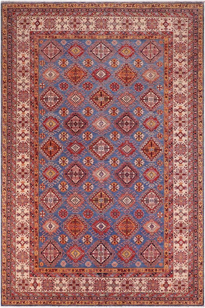 handmade Geometric Super Kazak Blue Beige Hand Knotted RECTANGLE 100% WOOL area rug 9 x 12