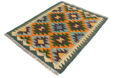 Flat Weave Kilim Antique Navaho Vintage handmade Geometric Kilim Rust Blue Hand-Woven Rectangle 100% Wool Area Rug 2x3 