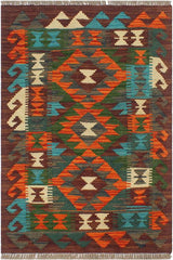 Flat Weave Kilim Antique Navaho Vintage handmade Geometric Kilim Rust Brown Hand-Woven Rectangle 100% Wool Area Rug 2x3 