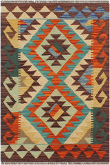 Flat Weave Kilim Antique Navaho Vintage handmade Geometric Kilim Rust Brown Hand-Woven Rectangle 100% Wool Area Rug 2x3 