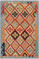 Flat Weave Kilim Antique Navaho Vintage handmade Geometric Kilim Rust Blue Hand-Woven Rectangle 100% Wool Area Rug 3x4 