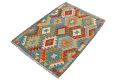 Flat Weave Kilim Antique Navaho Vintage handmade Geometric Kilim Blue Gray Hand-Woven Rectangle 100% Wool Area Rug 3x4 