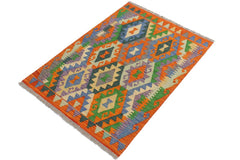 Flat Weave Kilim Antique Navaho Vintage handmade Geometric Kilim Rust Blue Hand-Woven Rectangle 100% Wool Area Rug 3x3 