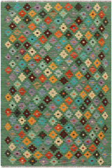 Flat Weave Kilim Antique Navaho Vintage handmade Modern Kilim Green Blue Hand-Woven Rectangle 100% Wool Area Rug 3x4 