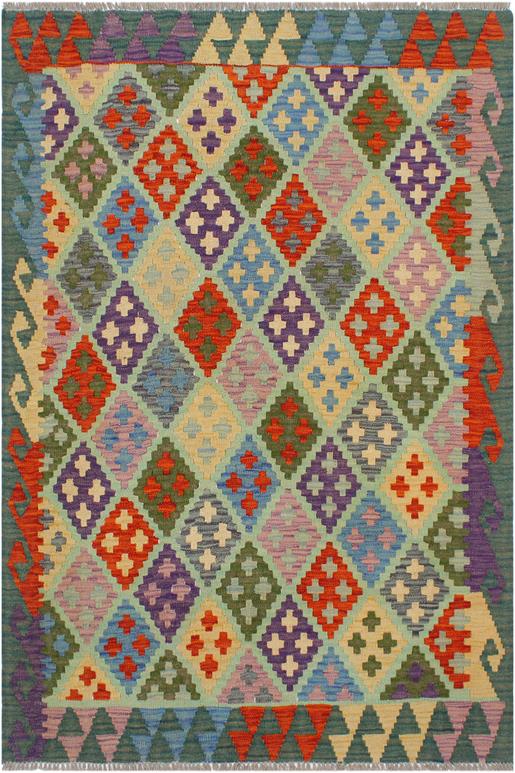 Flat Weave Kilim Antique Navaho Vintage handmade Geometric Kilim Blue Green Hand-Woven Rectangle 100% Wool Area Rug 3x5 