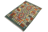 Flat Weave Kilim Antique Navaho Vintage handmade Geometric Kilim Blue Green Hand-Woven Rectangle 100% Wool Area Rug 3x4 