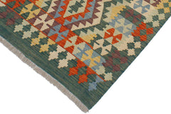 Flat Weave Kilim Antique Navaho Vintage handmade Geometric Kilim Blue Green Hand-Woven Rectangle 100% Wool Area Rug 3x4 