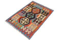 Flat Weave Kilim Antique Navaho Vintage handmade Geometric Kilim Blue Rust Hand-Woven Rectangle 100% Wool Area Rug 3x4 