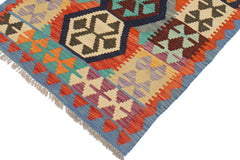 Flat Weave Kilim Antique Navaho Vintage handmade Geometric Kilim Blue Rust Hand-Woven Rectangle 100% Wool Area Rug 3x4 