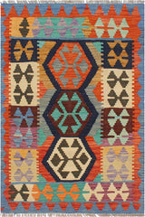 Flat Weave Kilim Antique Navaho Vintage handmade Geometric Kilim Blue Rust Hand-Woven Rectangle 100% Wool Area Rug 3x4 