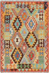 Flat Weave Kilim Antique Navaho Vintage handmade Geometric Kilim Blue Rust Hand-Woven Rectangle 100% Wool Area Rug 3x4 