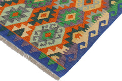 Flat Weave Kilim Antique Navaho Vintage handmade Geometric Kilim Rust Blue Hand-Woven Rectangle 100% Wool Area Rug 3x3 