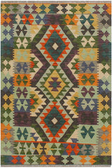 Flat Weave Kilim Antique Navaho Vintage handmade Geometric Kilim Rust Blue Hand-Woven Rectangle 100% Wool Area Rug 3x4 