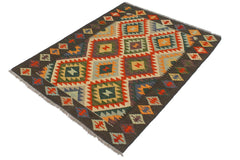 Flat Weave Kilim Antique Navaho Vintage handmade Geometric Kilim Blue Charcoal Hand-Woven Rectangle 100% Wool Area Rug 3x5 