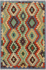 Flat Weave Kilim Antique Navaho Vintage handmade Geometric Kilim Rust Blue Hand-Woven Rectangle 100% Wool Area Rug 3x5 