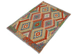 Handmade Geometric Kilim Blue Rust Hand-Woven Rectangle 100% Wool Area Rug 3 X 5