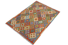 Flat Weave Kilim Antique Navaho Vintage handmade Geometric Kilim Rust Blue Hand-Woven Rectangle 100% Wool Area Rug 4x5 