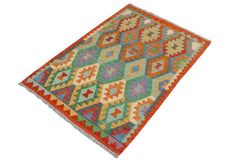 Flat Weave Kilim Antique Navaho Vintage handmade Geometric Kilim Blue Rust Hand-Woven Rectangle 100% Wool Area Rug 3x5 