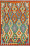 Flat Weave Kilim Antique Navaho Vintage handmade Geometric Kilim Blue Rust Hand-Woven Rectangle 100% Wool Area Rug 3x5 