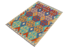 Flat Weave Kilim Antique Navaho Vintage handmade Geometric Kilim Blue Beige Hand-Woven Rectangle 100% Wool Area Rug 3x5 