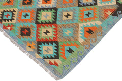 Flat Weave Kilim Antique Navaho Vintage handmade Geometric Kilim Gray Blue Hand-Woven Rectangle 100% Wool Area Rug 3x5 