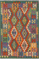 Flat Weave Kilim Antique Navaho Vintage handmade Geometric Kilim Blue Green Hand-Woven Rectangle 100% Wool Area Rug 3x5 