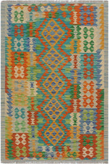 Flat Weave Kilim Antique Navaho Vintage handmade Geometric Kilim Gold Blue Hand-Woven Rectangle 100% Wool Area Rug 3x5 