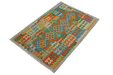 Flat Weave Kilim Antique Navaho Vintage handmade Geometric Kilim Gold Blue Hand-Woven Rectangle 100% Wool Area Rug 3x5 