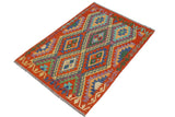 Flat Weave Kilim Antique Navaho Vintage handmade Geometric Kilim Rust Blue Hand-Woven Rectangle 100% Wool Area Rug 3x5 