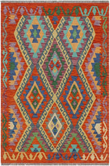 Flat Weave Kilim Antique Navaho Vintage handmade Geometric Kilim Rust Blue Hand-Woven Rectangle 100% Wool Area Rug 3x5 