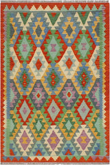 Flat Weave Kilim Antique Navaho Vintage handmade Geometric Kilim Blue Rust Hand-Woven Rectangle 100% Wool Area Rug 3x5 