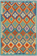 Flat Weave Kilim Antique Navaho Vintage handmade Geometric Kilim Rust Blue Hand-Woven Rectangle 100% Wool Area Rug 3x5 