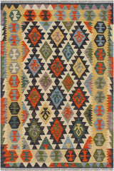 Flat Weave Kilim Antique Navaho Vintage handmade Geometric Kilim Blue Gold Hand-Woven Rectangle 100% Wool Area Rug 3x5 