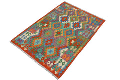 Flat Weave Kilim Antique Navaho Vintage handmade Geometric Kilim Blue Rust Hand-Woven Rectangle 100% Wool Area Rug 3x5 