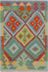 Flat Weave Kilim Antique Navaho Vintage handmade Geometric Kilim Blue Rust Hand-Woven Rectangle 100% Wool Area Rug 3x5 