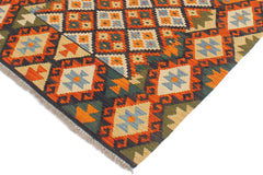 Flat Weave Kilim Antique Navaho Vintage handmade Geometric Kilim Blue Rust Hand-Woven Rectangle 100% Wool Area Rug 4x5 