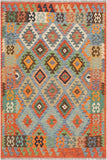 Flat Weave Kilim Antique Navaho Vintage handmade Geometric Kilim Blue Rust Hand-Woven Rectangle 100% Wool Area Rug 4x6 