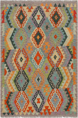 Flat Weave Kilim Antique Navaho Vintage handmade Geometric Kilim Rust Purple Hand-Woven Rectangle 100% Wool Area Rug 4x5 